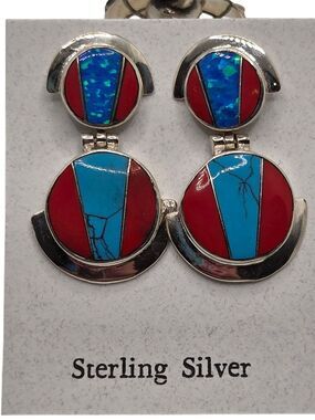 Sterling Silver Red Coral Turquoise Inlay Dangle Earrings Native Style